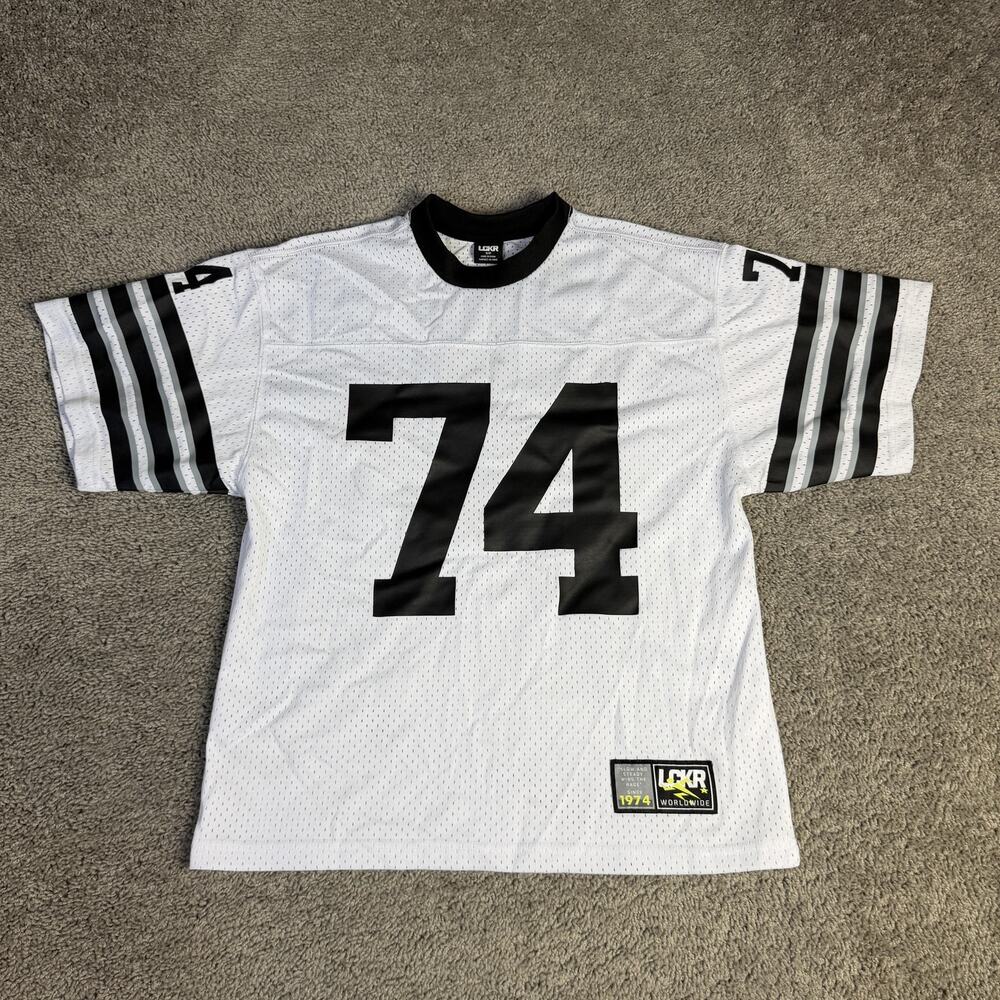 LCKR Shirt Mens Small White All City 74 Graphic Crew Neck Polyester Jersey